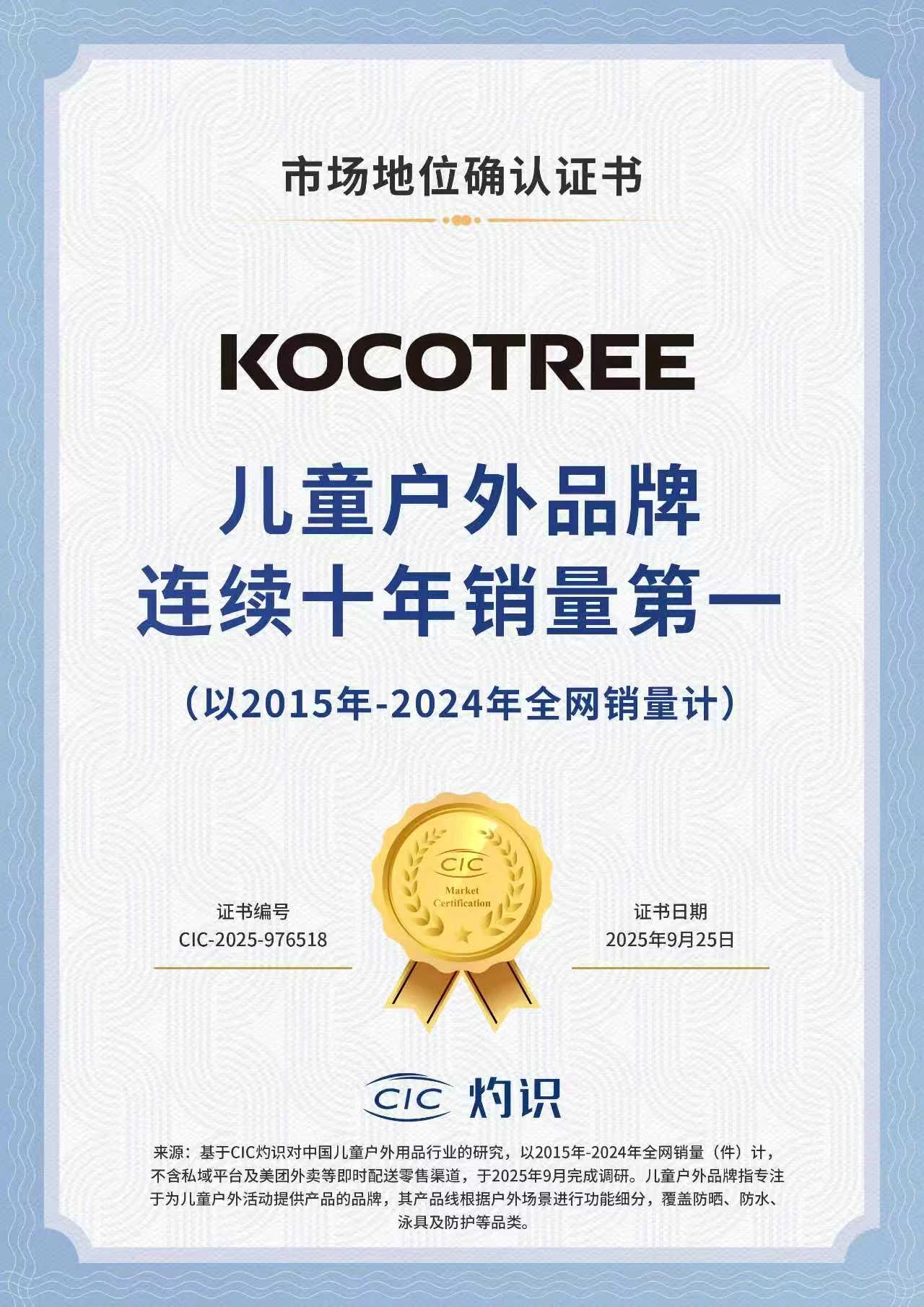 CIC灼识2015–2024年儿童户外品牌市场地位确认证书